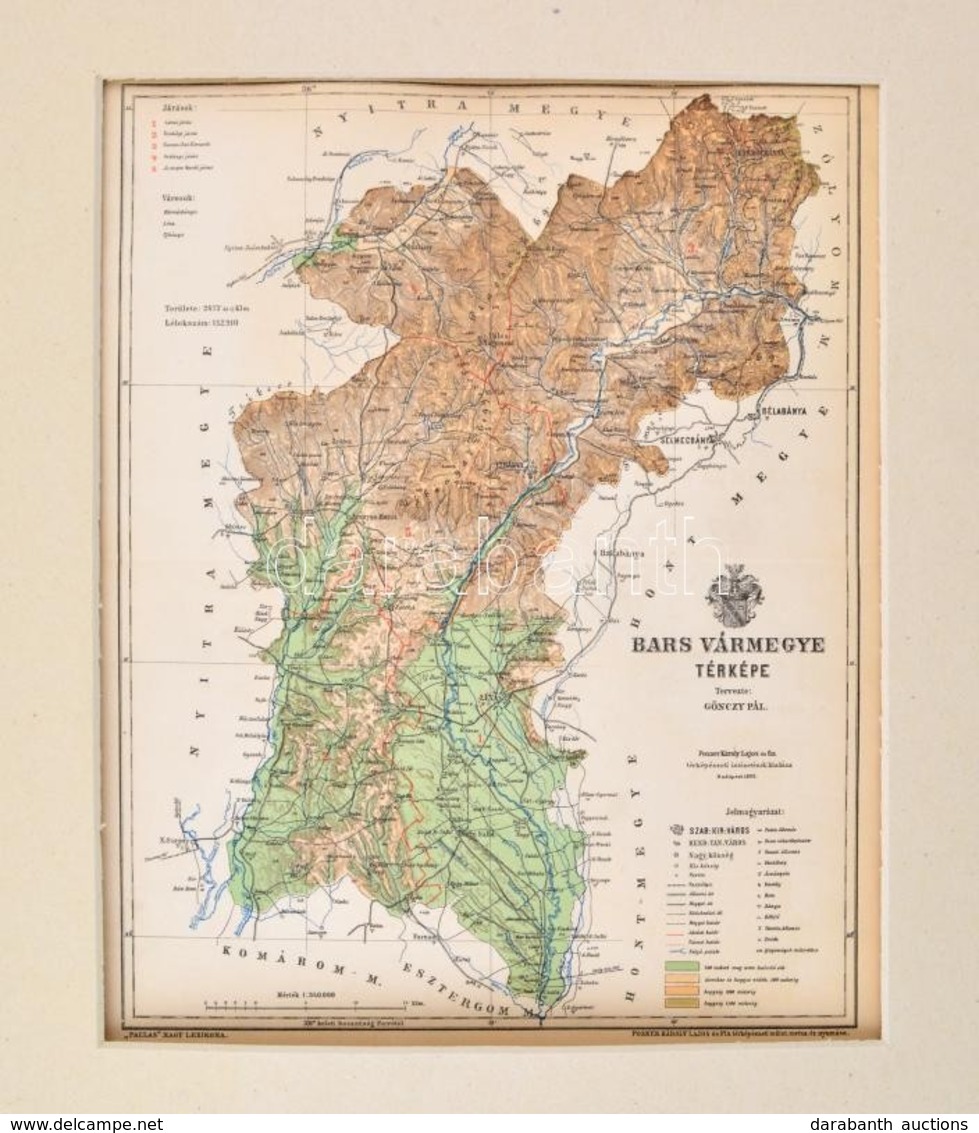 1893 Bars Vármegye Térképe,1:340.000, Tervezte: Gönczy Pál, Pallas Nagy Lexikona, Bp., Posner, Paszapartuban, 29,5x24 Cm - Autres & Non Classés