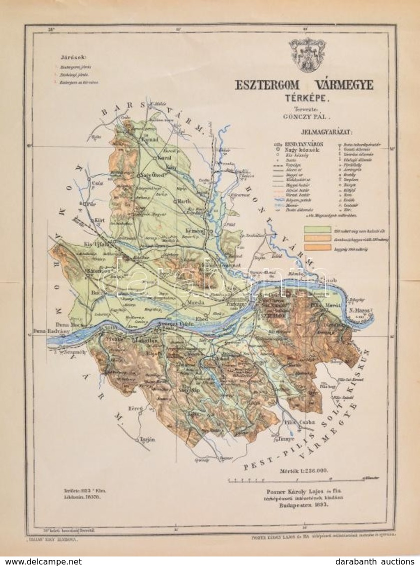 1893 Esztergom Vármegye Térképe,1:236.000, Tervezte: Gönczy Pál, Pallas Nagy Lexikona, Bp., Posner, Oldalán Szakadással, - Autres & Non Classés