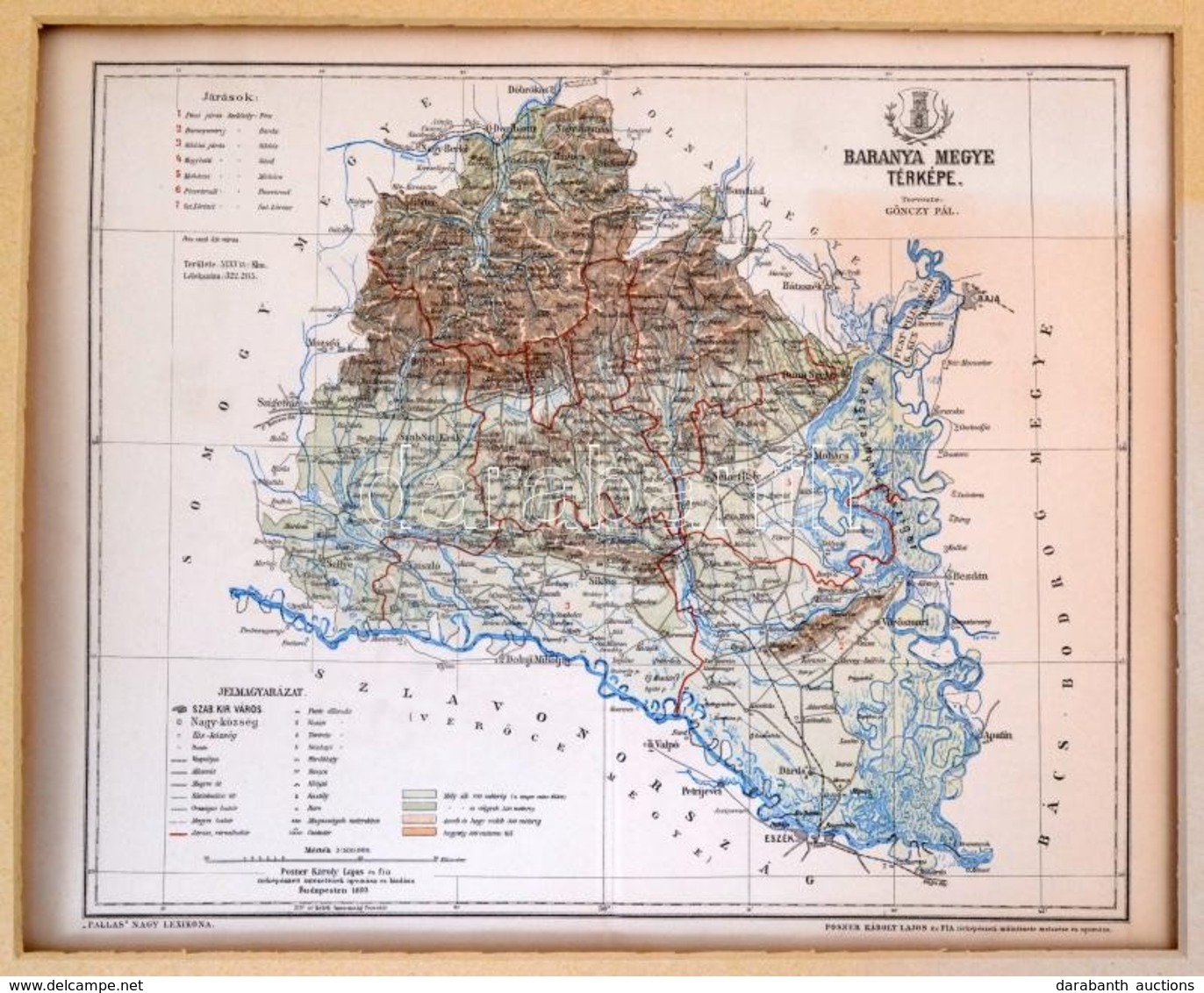 1893 Baranya Vármegye Térképe,1:500.000, Tervezte: Gönczy Pál, Pallas Nagy Lexikona, Bp., Posner, Paszpartuban, 24x30 Cm - Autres & Non Classés