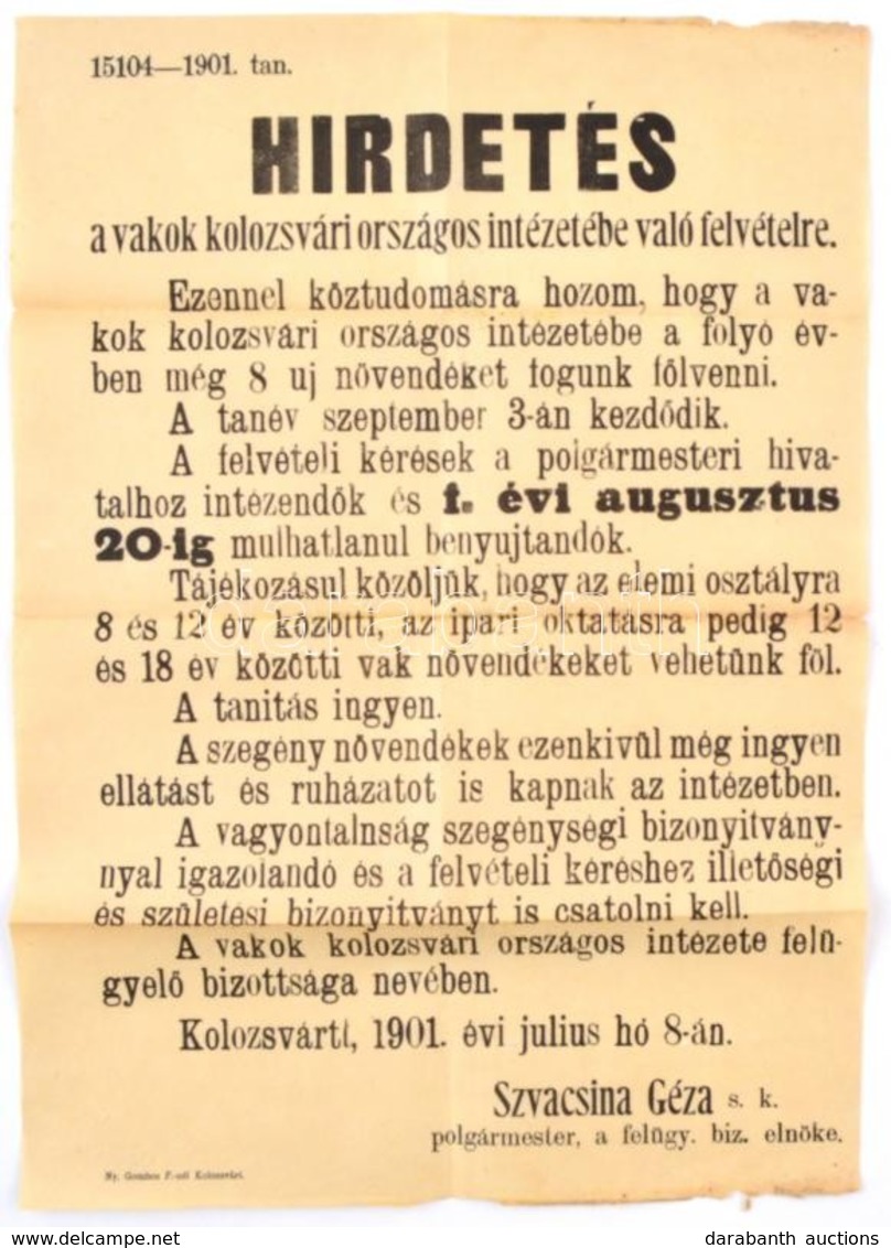 1901 A Vakok Kolozsvári Orsz. Intézetébe Felvételi Hirdetmény 31x42 Cm - Non Classés