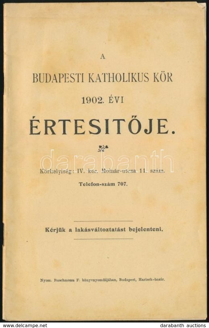 1902 Budapesti Katholikus Kör 1902. évi értesítője. - Non Classés