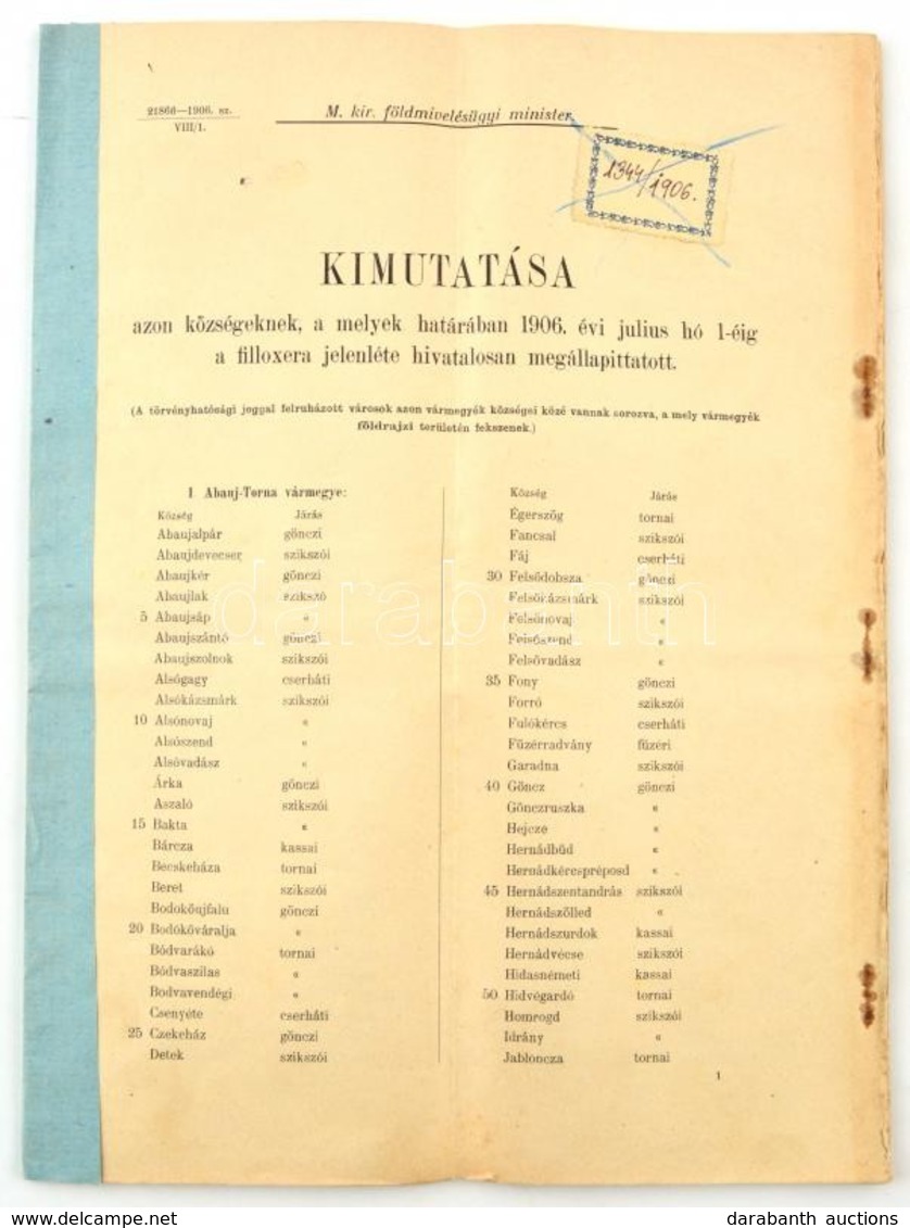 1906 A Filoxéra Járvánnyal érintet Községeknek A Kimutatása. 3400 Db. 41p. - Non Classés