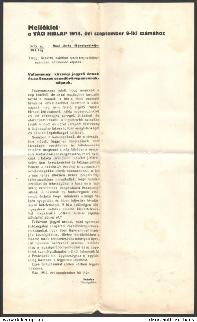 1914 Váci Járás államellenes Izgatás Tiltására Felhívó Nyomtatvány újság Mellé A Megyei Főszolgabíróról - Non Classés