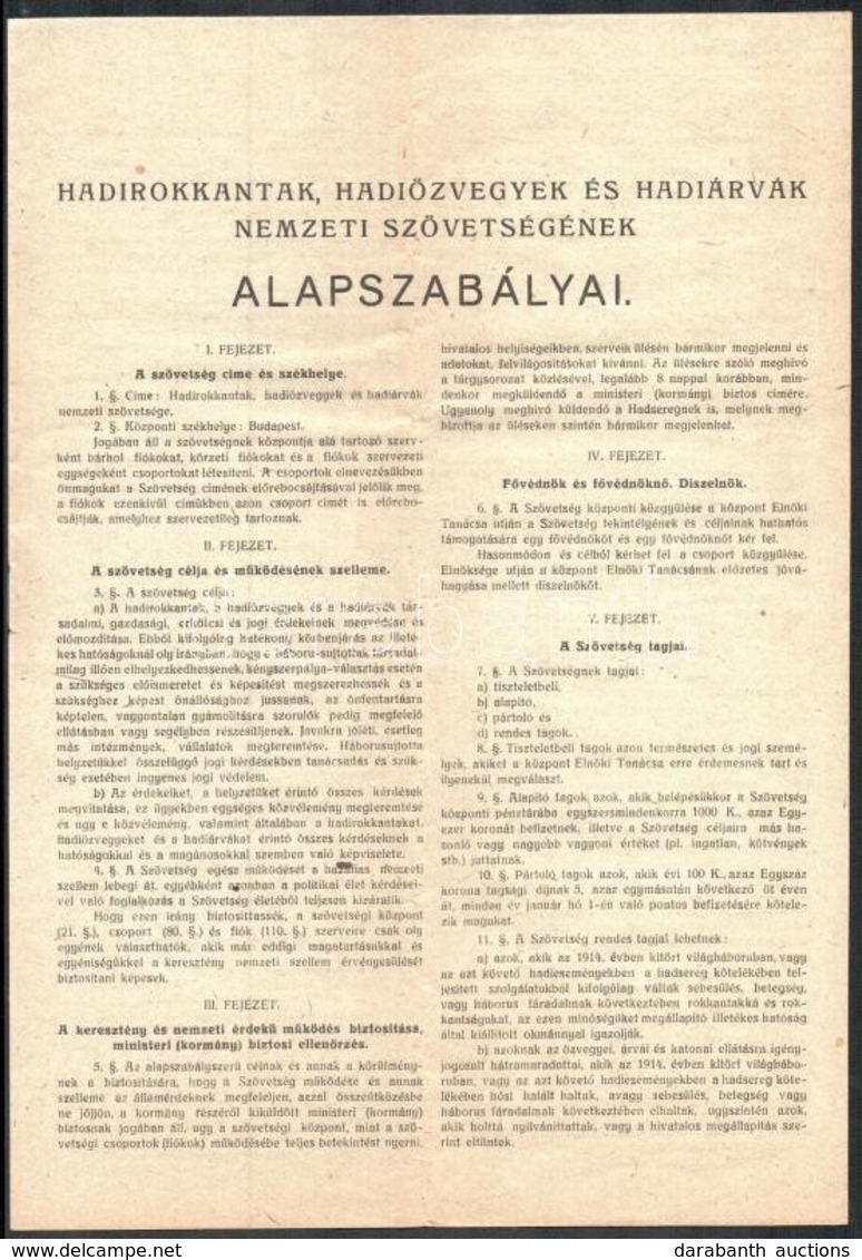 1916 Hadirokkantak, Hadiözvegyek és Hadiárvák Nemzeti Szövetségének Alapszabályai 8p. - Non Classés