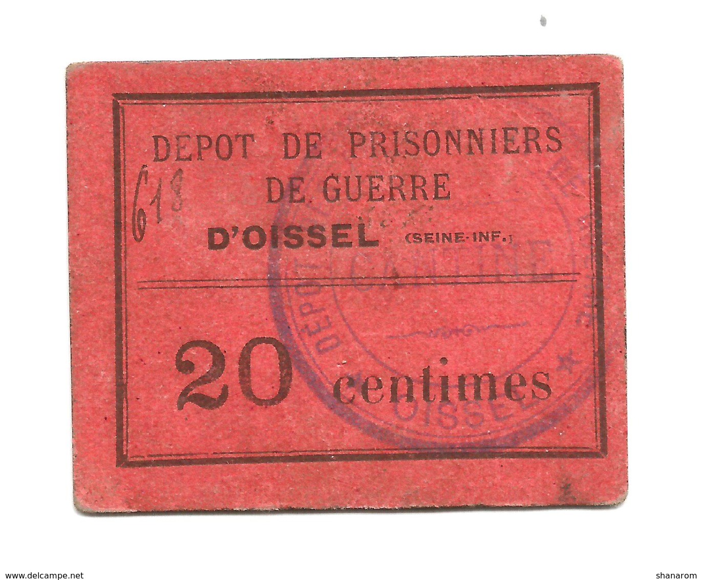 1914-1918 // P.O.W. // Bon De Prisonnier De Guerre // OISSEL (Seine Inférieure) // 20 Centimes - Bons & Nécessité