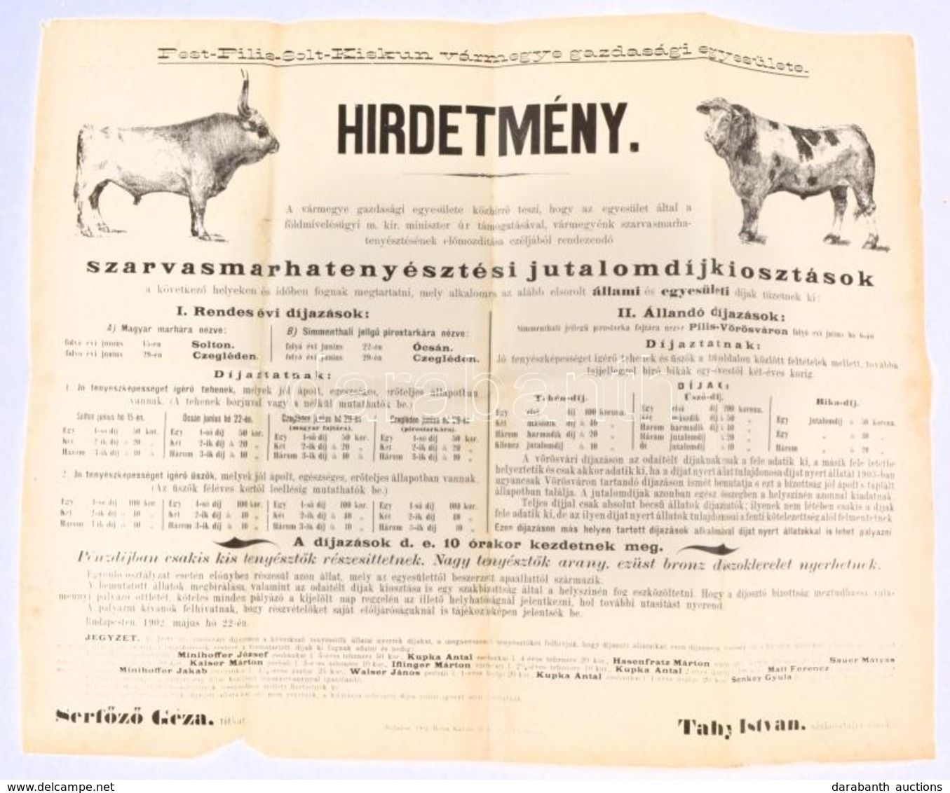 1902 Pest-Pilis-Solt-Kiskun Vármegye Gazdasági Egyesületének Hirdetménye Szarvasmarha Tenyésztési Jutalomdíjazásról 45x3 - Autres & Non Classés