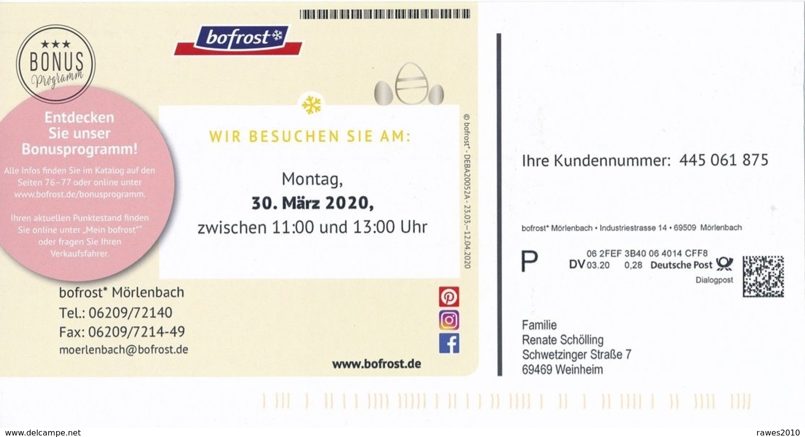 BRD Mörlenbach Dialogpost DV 03.20 0,28 Euro Bofrost Gefrierprodute Ostern Ostereier - Lettres & Documents