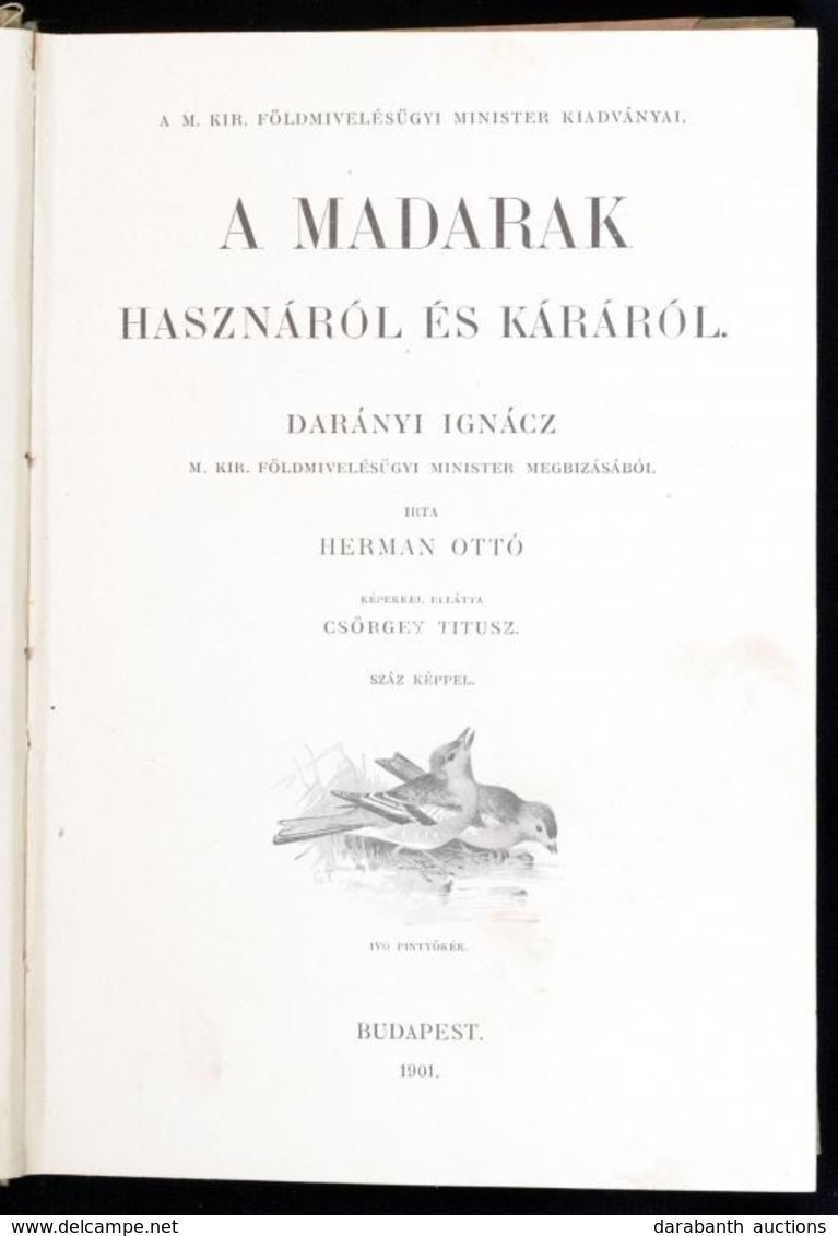 Hermann Ottó: A Madarak Hasznáról és Káráról. Csörgey Titusz Képeivel. Bp., 1901., (Franklin-ny.), 279+1 P. Első Kiadás. - Non Classés