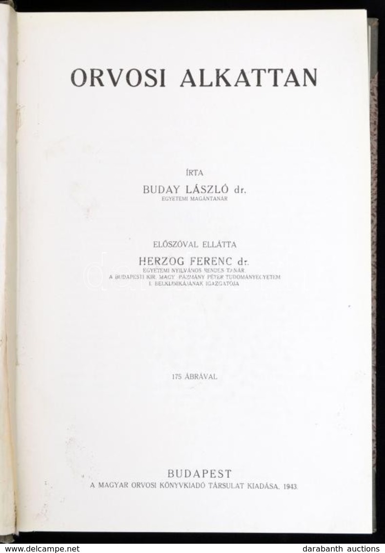 Dr. Buday László: Orvosi Alkattan. A Magyar Orvosi Könyvkiadó Társulat Könyvtára 186. Kötet. Bp., 1943, Magyar Orvosi Kö - Ohne Zuordnung