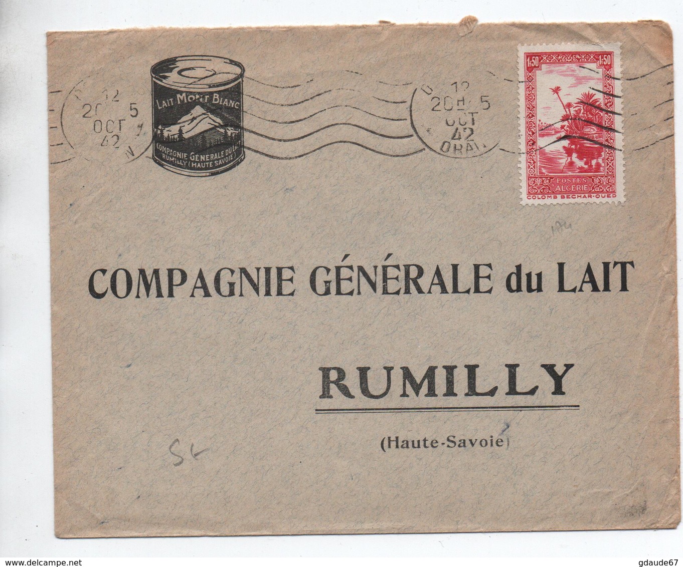 ALGERIE - 1942 - ENVELOPPE COMMERCIALE LAIT MONT BLANC Pour RUMILLY (HAUTE SAVOIE) - Cartas & Documentos