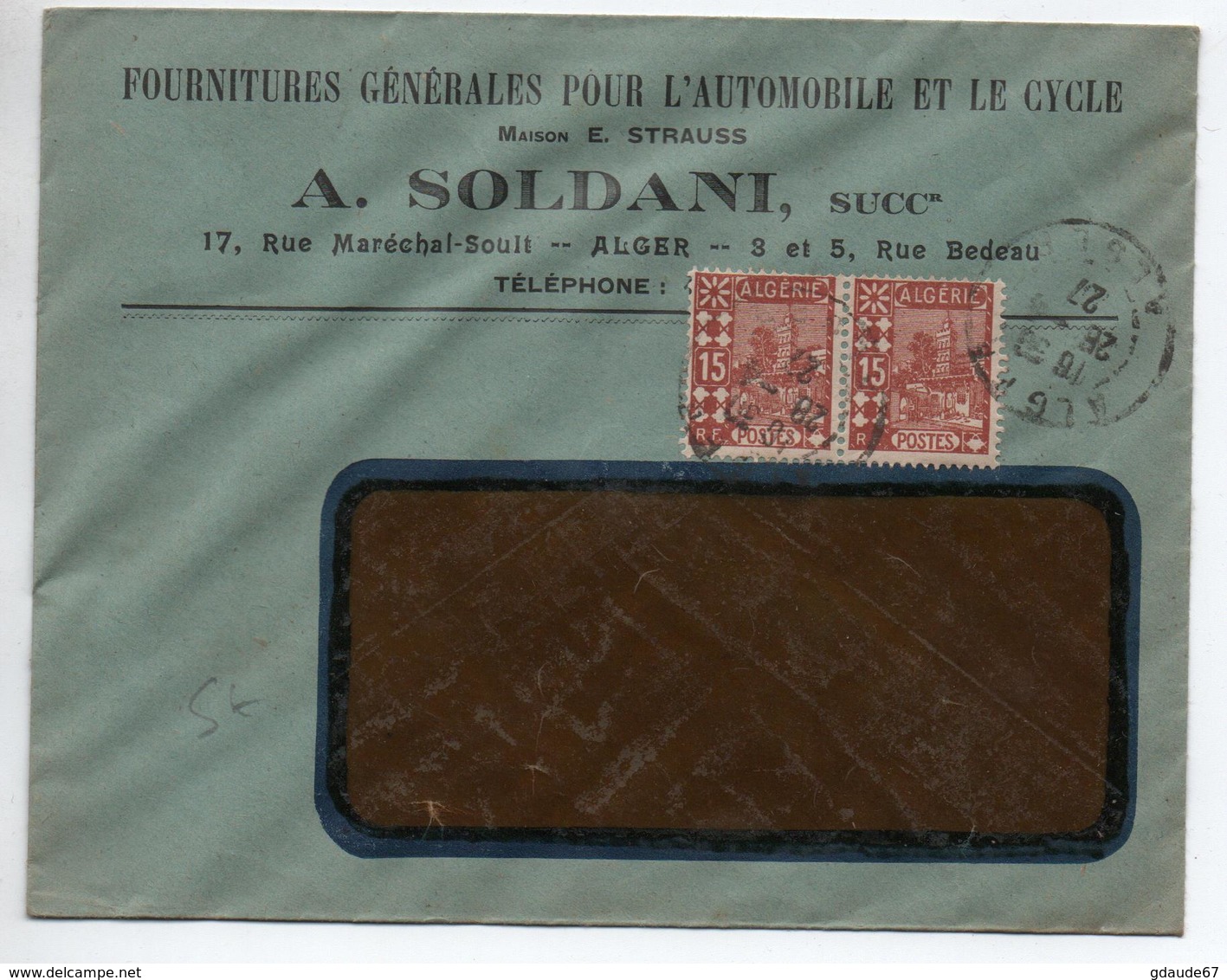 1927 - ENVELOPPE COMMERCIALE D'ALGER (ALGERIE) - FOURNITURES POUR L'AUTOMOBILE ET LE CYCLE - Lettres & Documents