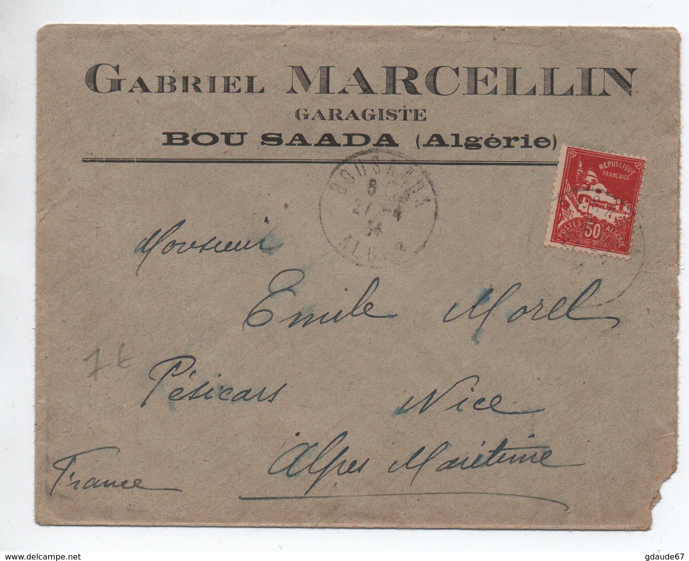 1934 - ENVELOPPE COMMERCIALE De BOU SAADA (ALGERIE) - GARAGISTE - Briefe U. Dokumente