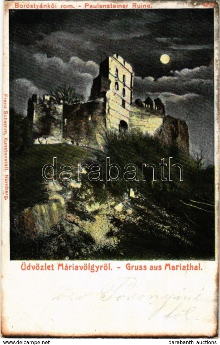 * T2/T3 1907 Borostyánkő, Pajstún (Pozsonyborostyánkő, Borinka); Üdvözlet Máriavölgyről. Várrom Este. Franz Schemm / Cas - Non Classés