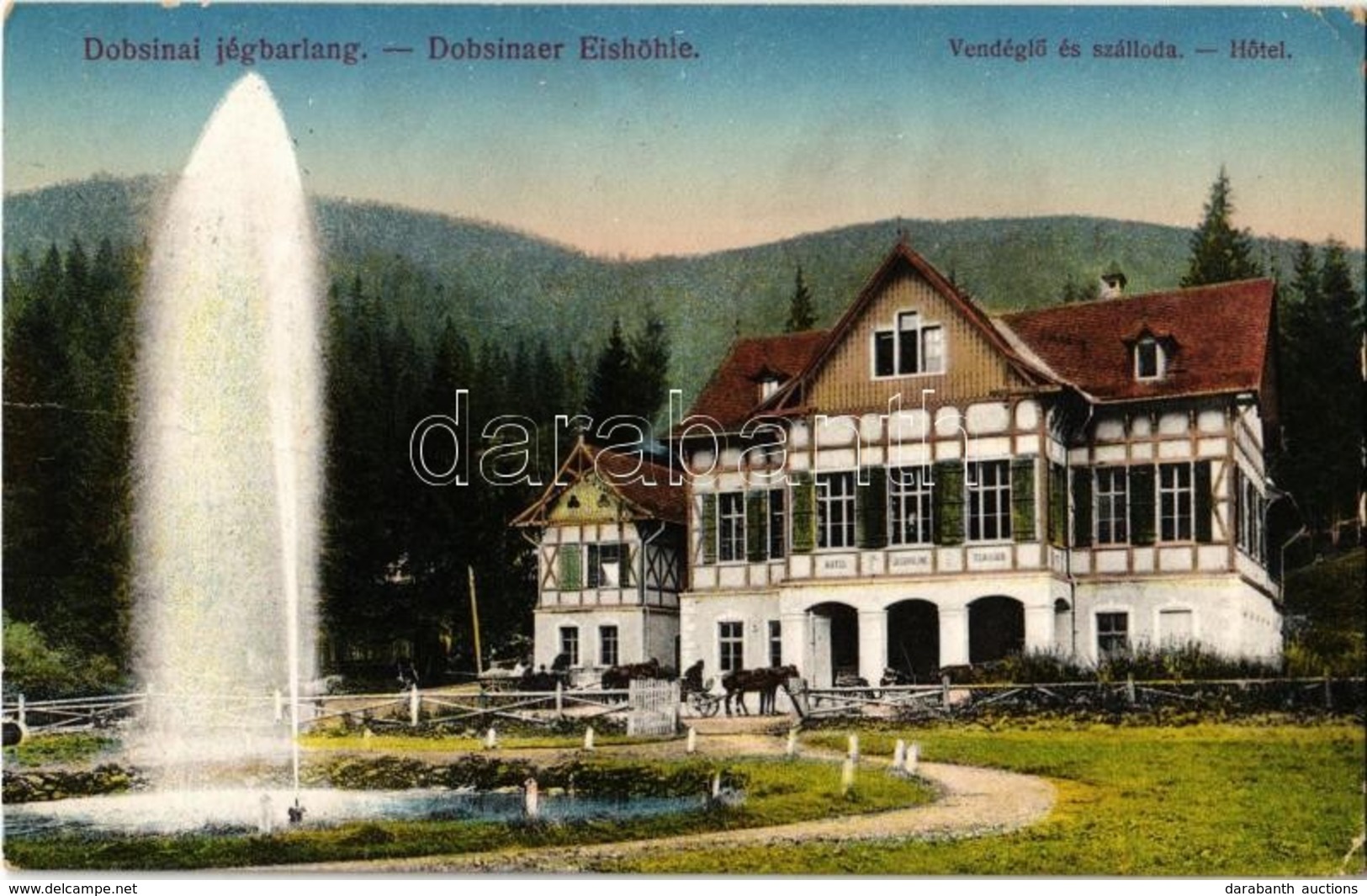 T3 Dobsina, Dobschau; Hotel Jégbarlang Szálloda és Vendéglő, étterem, Szökőkút / Hotel, Restaurant, Fountain (fa) - Non Classés