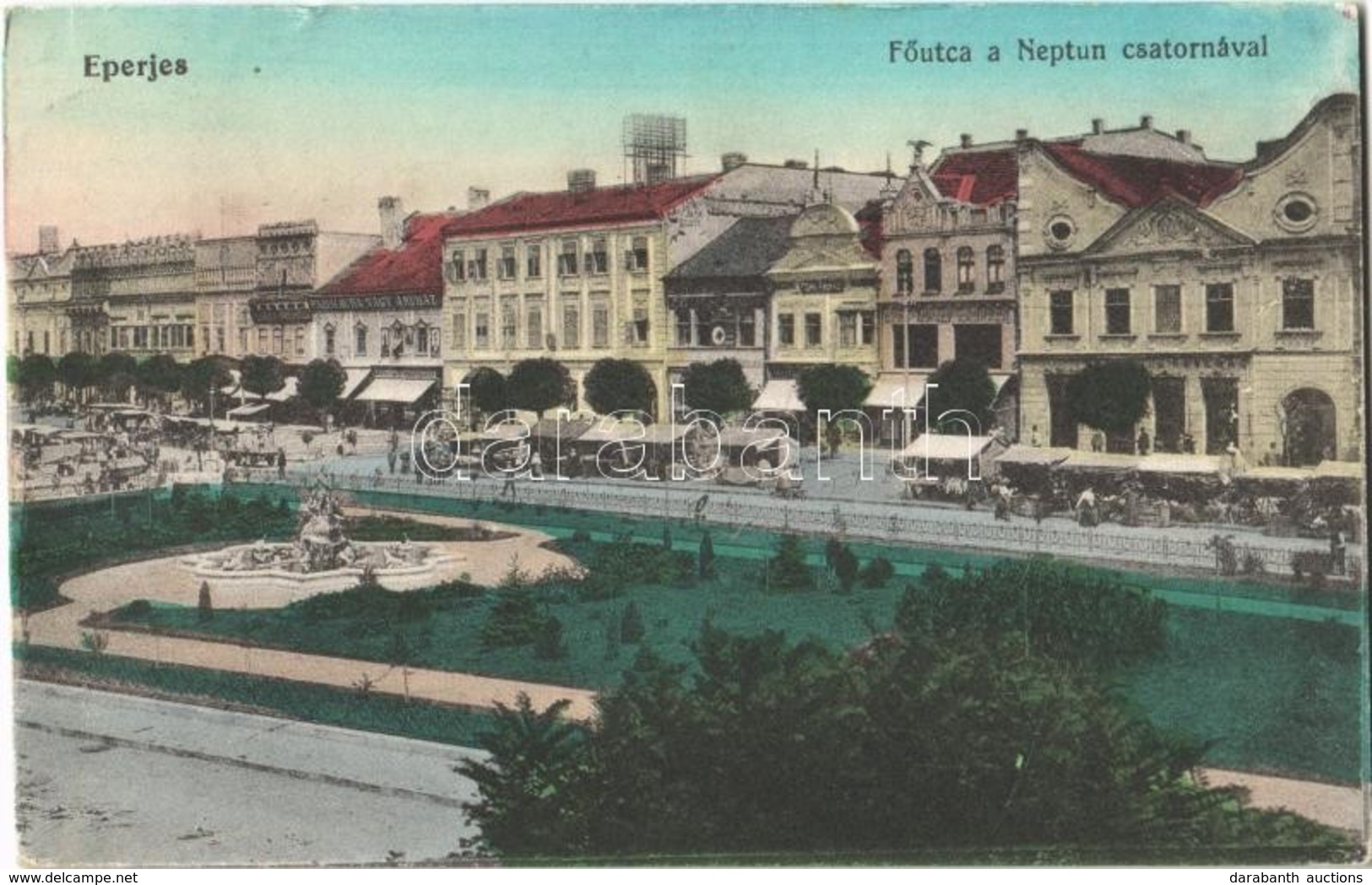 T2 1915 Eperjes, Presov; Fő Utca A Neptun Csatornával, üzletek, Piac. Grosszmann Ernő Kiadása / Main Street, Shops, Mark - Non Classés