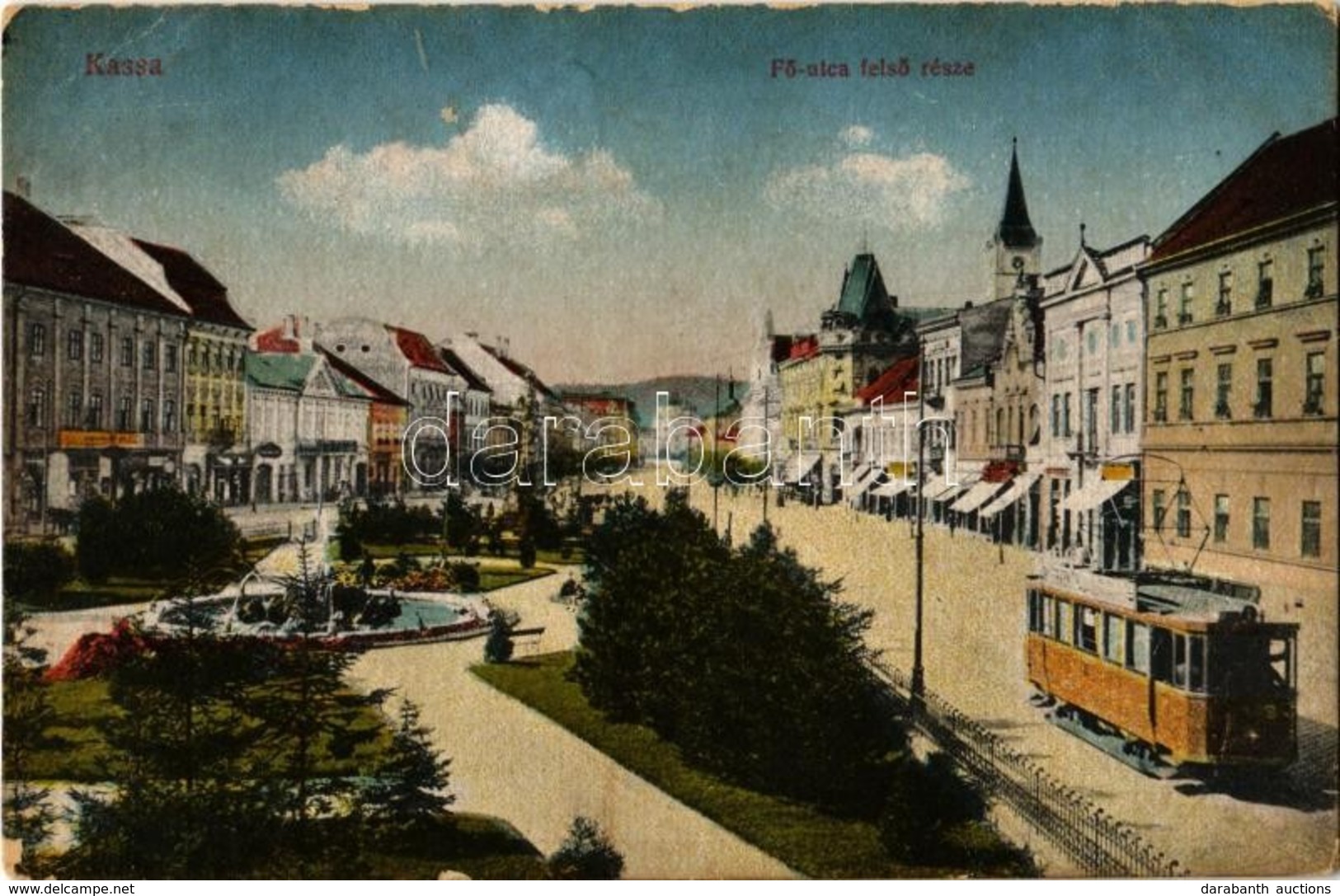 ** T2/T3 Kassa, Kosice; Fő Utca, Villamos, üzletek. Vasúti Levelezőlapok 61. Sz. 1918 / Main Street, Tram, Shops - Non Classés