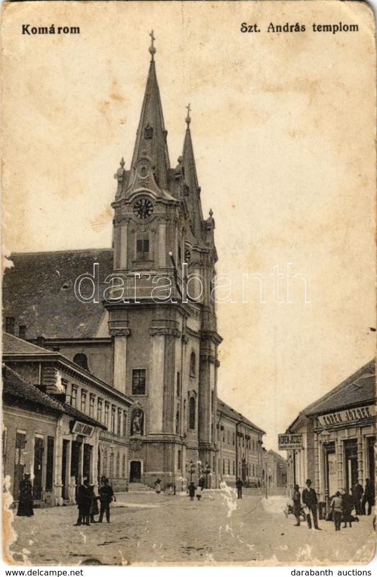 * T3/T4 1918 Komárom, Komárno; Szent András Templom, Korén József, Leisz Nándor üzlete. Spitzer Sándor Kiadása / Church, - Non Classés