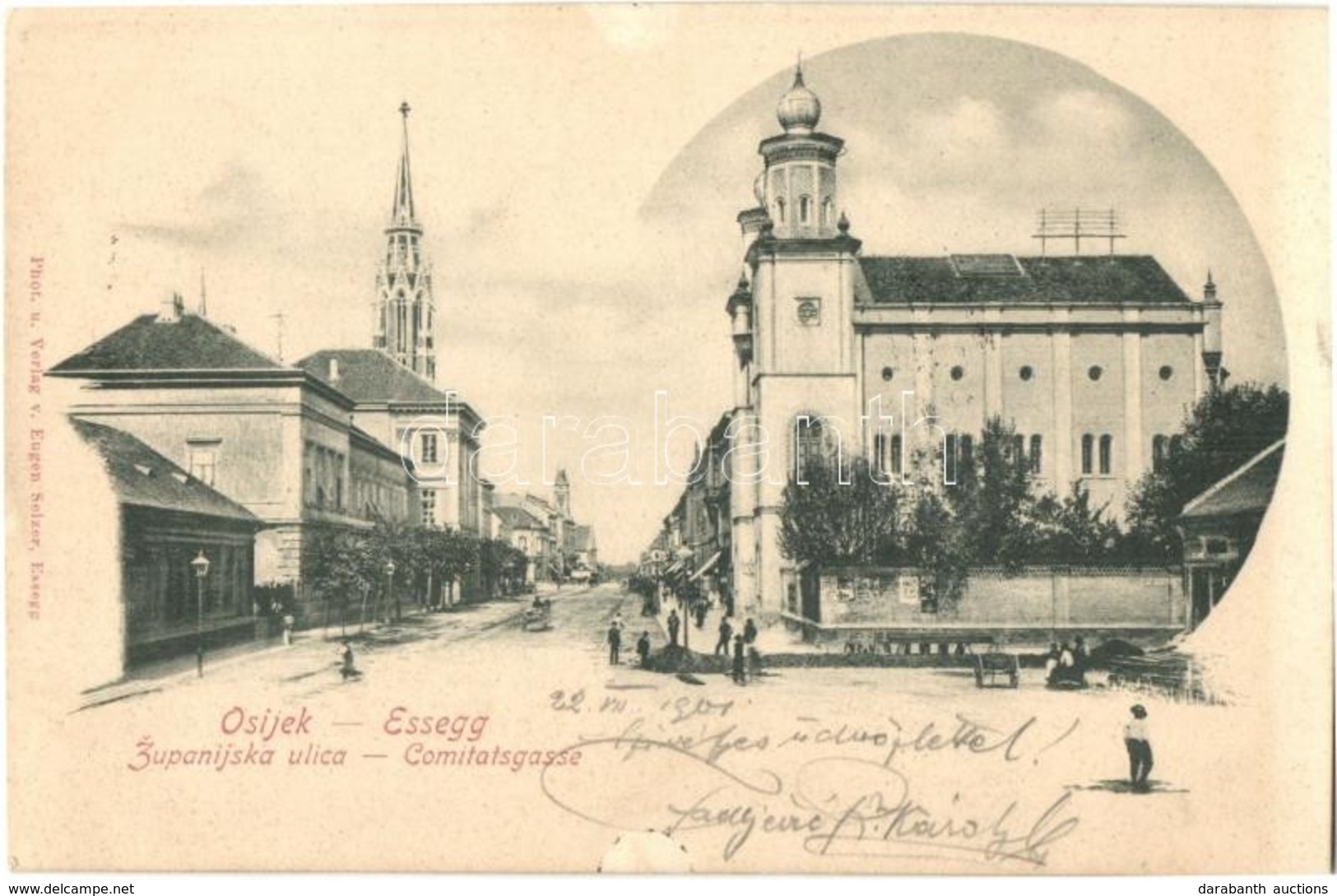 T2 1901 Eszék, Osijek, Esseg; Megye Utca, Zsinagóga / Zupanijska Ulica / Cimitatsgasse / Street View With Synagogue - Non Classés