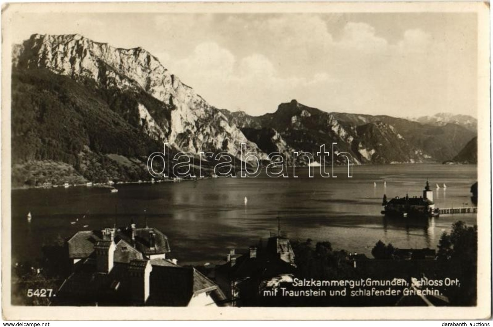 T2 1937 Gmunden, Salzkammergut, Schloss Ort Mit Traunstein Und Schlafender Griechin / Castle, Lake, Mountains - Non Classés