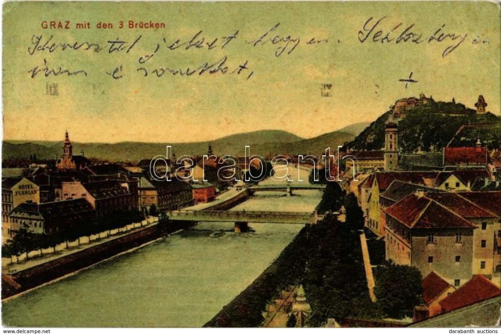 T2/T3 1910 Graz, Mit Den 3 Brücken / Bridges, Hotel Florian. Verlag F. Knollmüller (EK) - Non Classés
