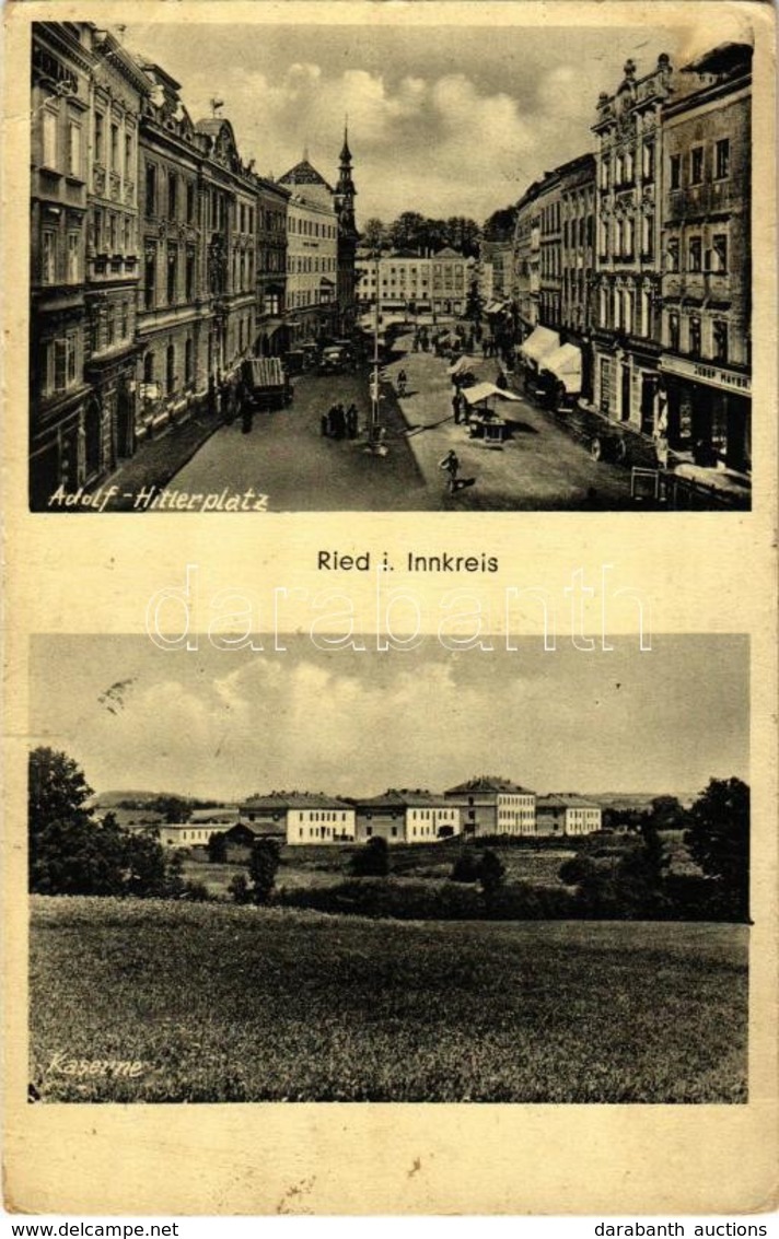 T2/T3 1940 Ried Im Innkreis, Adolf Hitlerplatz, Kaserne / Square, Military Barrack, Shop Of Josef Mayer (EK) - Non Classés