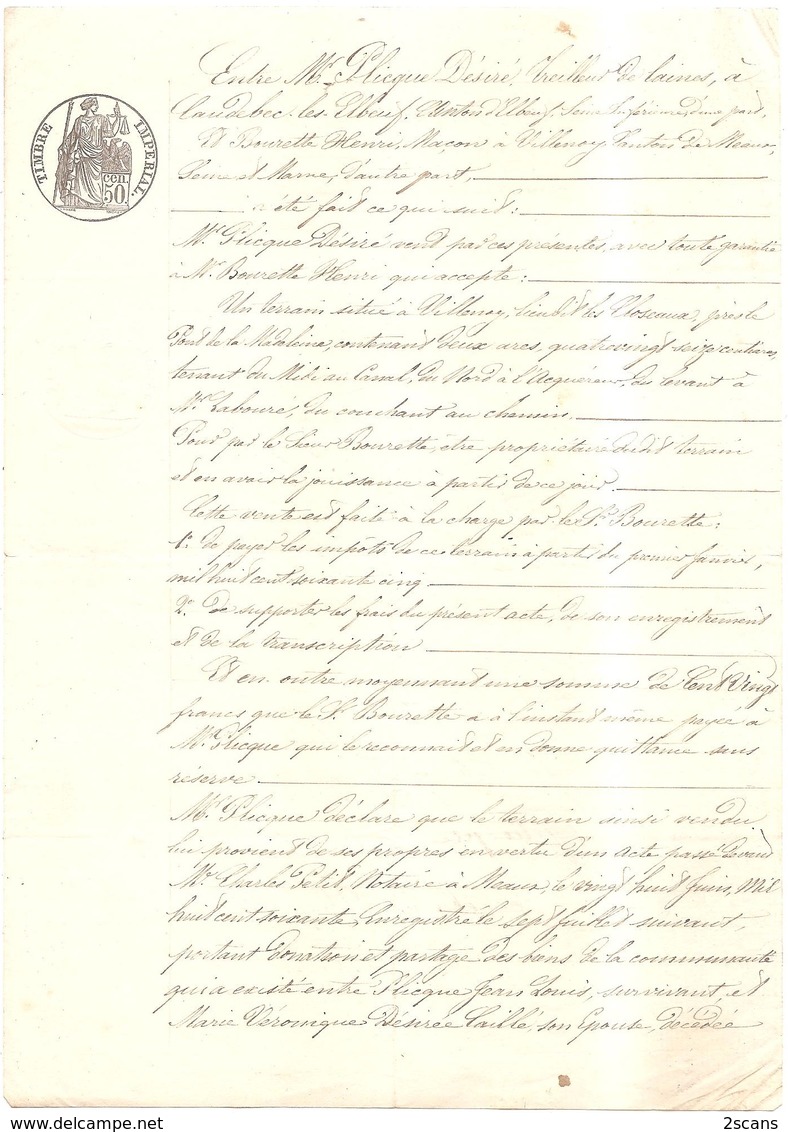 VILLENOY - 1864 - Vente à M. BOURETTE D'un Terrain Appartenant à M. PLICQUE, Treilleur De Laines à Caudebec-lès-Elbeuf - Villenoy