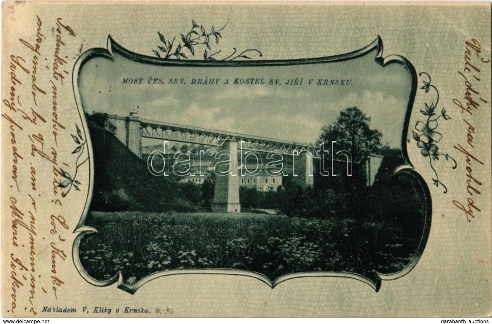 T2/T3 1902 Krnsko, Most Ces. Sev. Dráhy A Kostel Sv. Jirí / Railway Bridge, Viaduct, Church. Art Nouveau, Floral (EK) - Non Classés