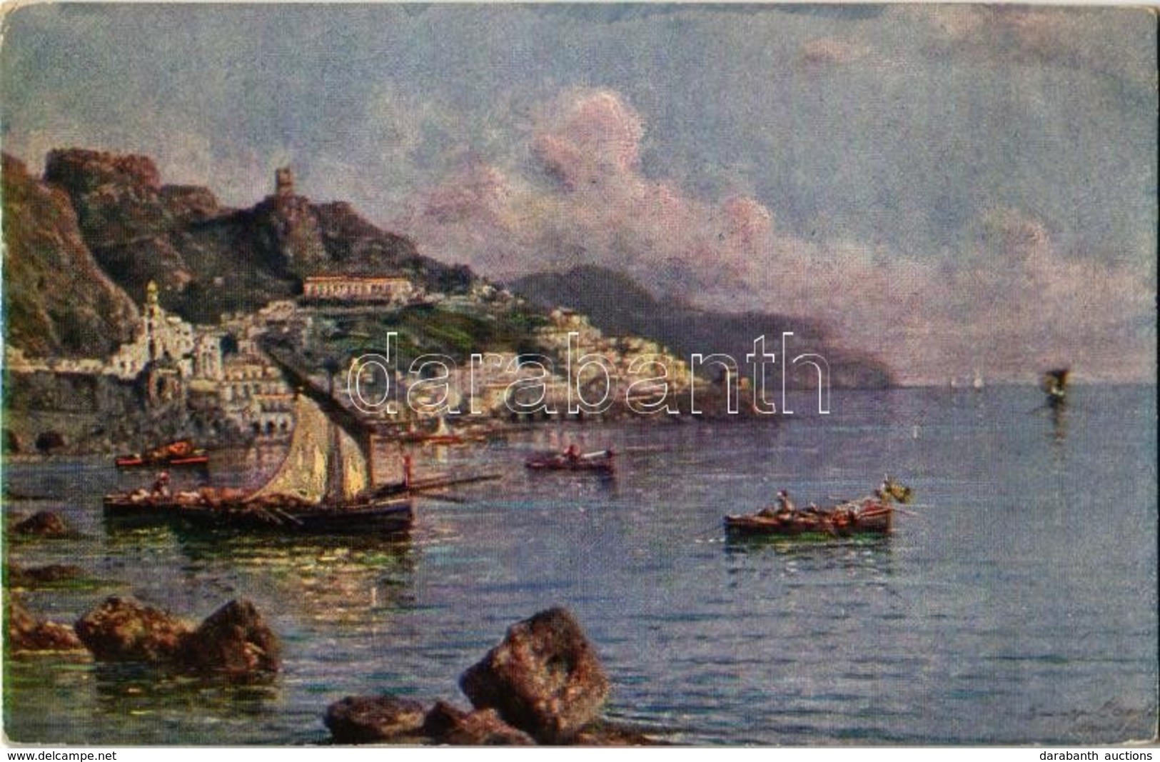 ** T2 Amalfi, Veduta Generale / General View, Boats, Art Postcard S: Pittore G. Carelli - Non Classés