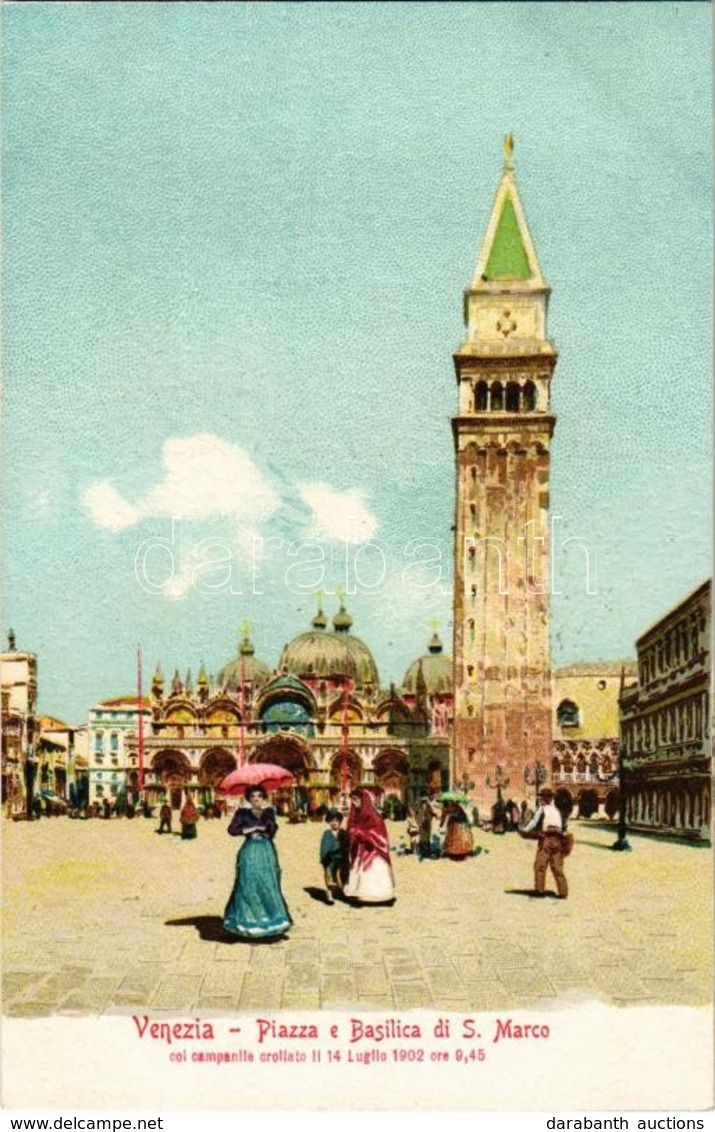 ** T1/T2 Venezia, Venice; Piazza E Basilica Di S. Marco Col Campanile Crollato II 14 Luglio 1902 Ore 9,45 / Square, Chur - Non Classés