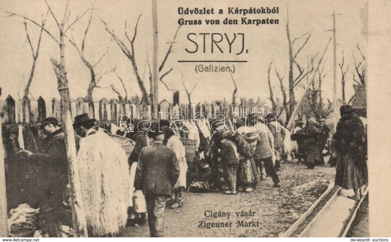 * T1/T2 Stryi, Stryj; Üdvözlet A Kárpátokból, Cigány Vásár. Reklám Kiadása / Gruss Von Den Karpaten, Zigeuner Markt / Gr - Non Classés