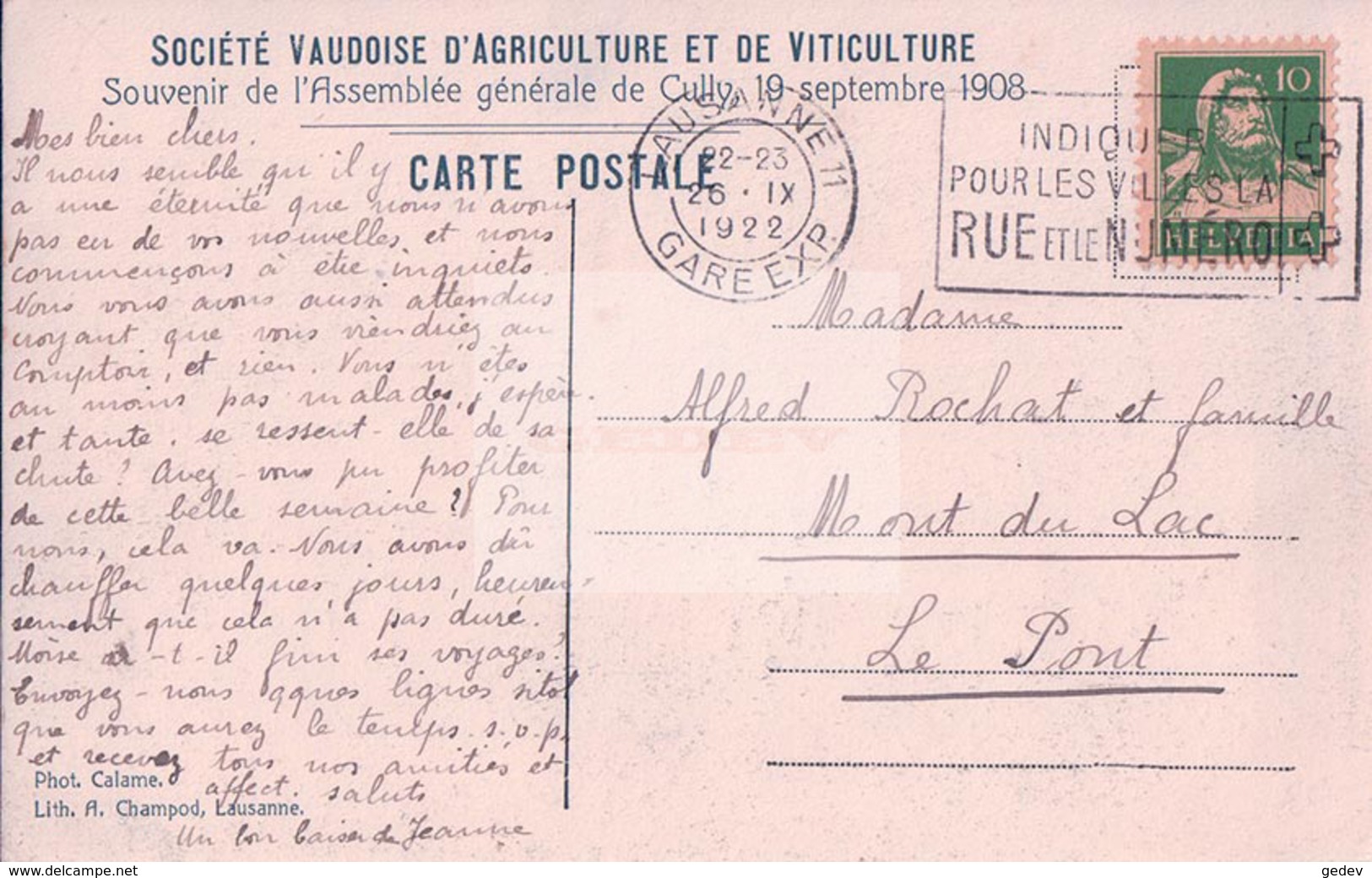 Cully VD, Chemin De Fer, Au Verso Soc.Vaud. D'Agriculture 19.9.1908 (26.9.22) - Cully