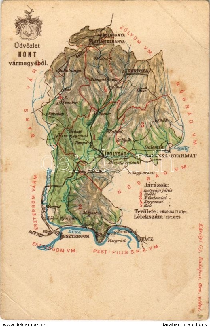 ** T2/T3 Hont Vármegye Térképe. Kiadja Károlyi Gy. / Map Of Hont County (EB) - Non Classés