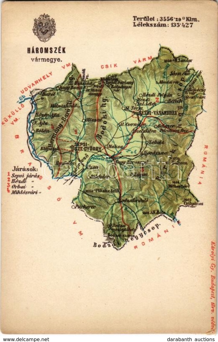 ** T3 Háromszék Vármegye Térképe. Kiadja Károlyi Gy. / Map Of Trei Scaune County (r) - Non Classés