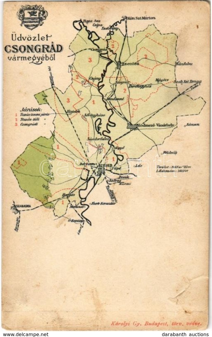 ** T4 Csongrád Vármegye Térképe. Kiadja Károlyi Gy. / Map Of Csongrád County (lyuk / Hole) - Non Classés