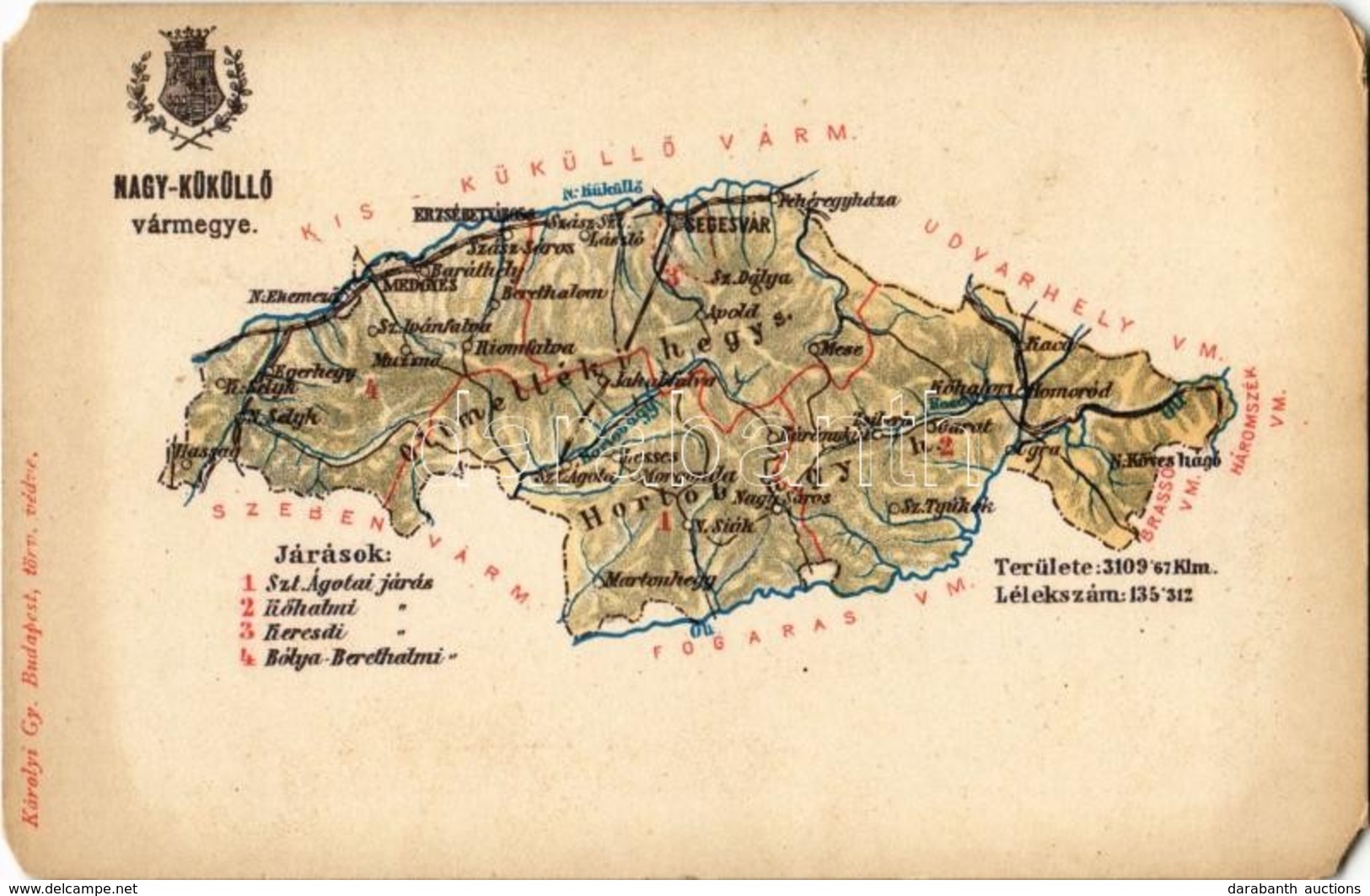 ** T3/T4 Nagy-Küküllő Vármegye Térképe. Kiadja Károlyi Gy. / Map Of Tarnava-Mare County (EM) - Non Classés