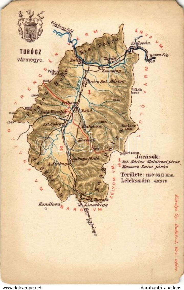 ** T3/T4 Turóc Vármegye Térképe. Kiadja Károlyi Gy. / Map Of Turiec County (EM) - Non Classés