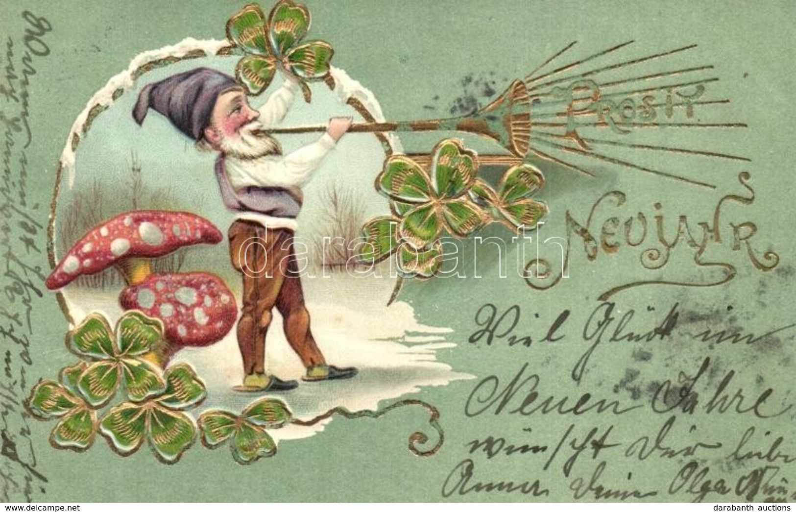 T2 Prosit Neujahr! / New Year Greeting Art Postcard With Dwarf, Mushrooms And Clovers. Emb. Litho - Non Classés