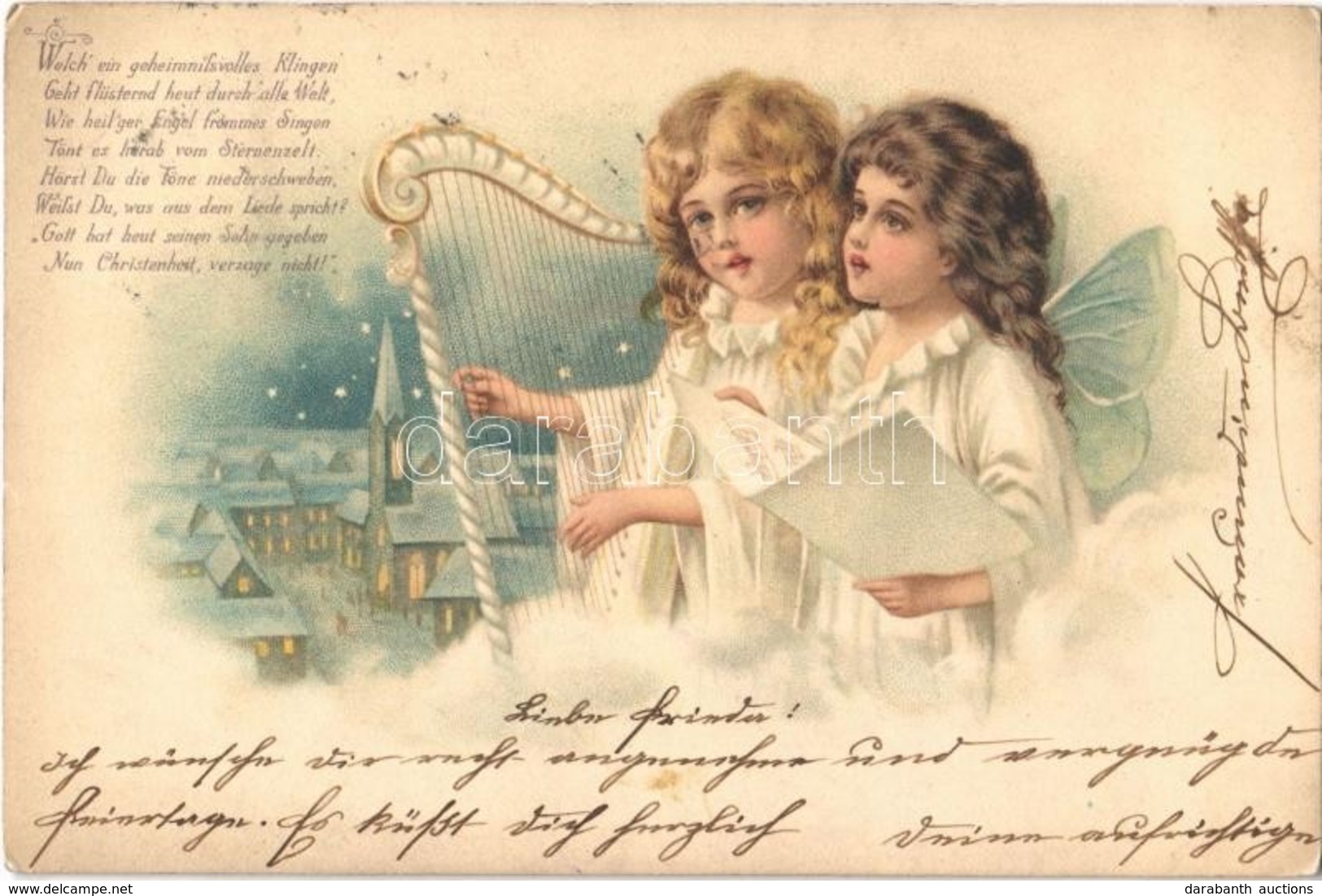 T2/T3 1899 Christmas Greeting Card, Angels Playing The Harp, Litho - Non Classés