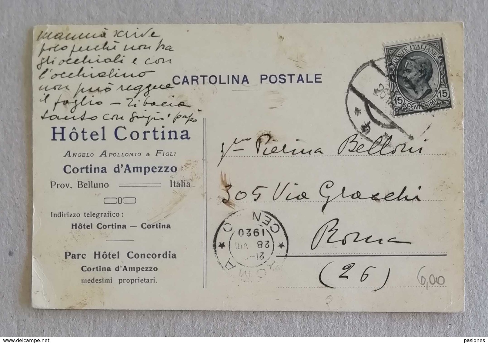 Cartolina Postale Pubblicitaria "Hotel Cortina" Cortina D'Ampezzo Per Roma - 26/08/1920 - Poststempel