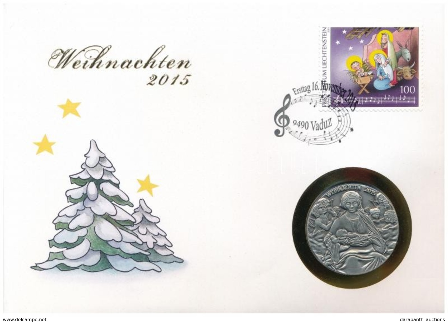 Lichtenstein 2015. "Weihnachten 2015" Patinázott Ag Emlékérem, érmés Borítékban Bélyeggel, Bélyegzéssel (~20g/0.900/30mm - Non Classés