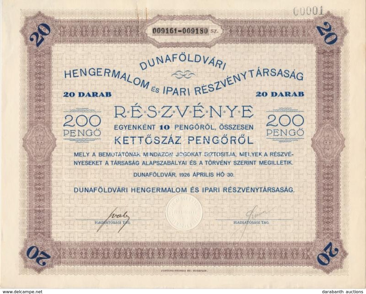 Dunaföldvár 1926. "Dunaföldvári Hengermalom és Ipari Részvénytársaság" 20db Részvénye Egyenként 10P, összesen 200P-ről T - Non Classés