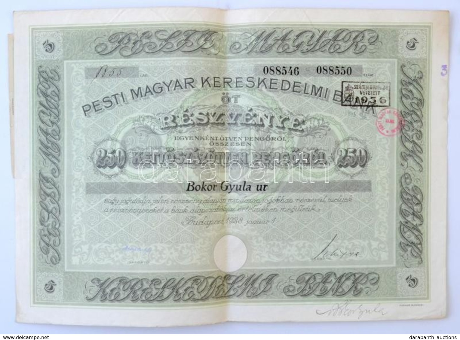 Budapest 1928. "Pesti Magyar Kereskedelmi Bank" öt Részvénye Egyben, összesen 250P-ről, Névre Szóló, Szelvényekkel, Szár - Non Classés