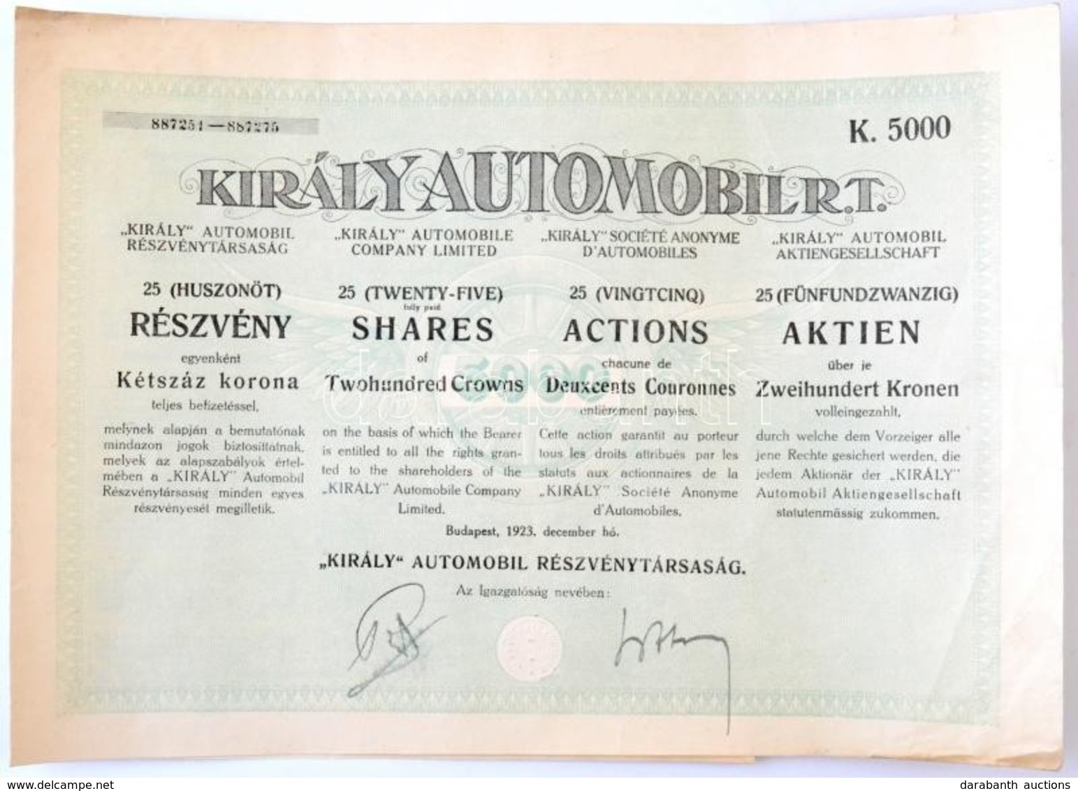 Budapest 1923. "Király Automobil Részvénytársaság" Huszonöt Részvénye Egyben, Egyenként 200K-ról, összesen 5000K-ról, Sz - Non Classés