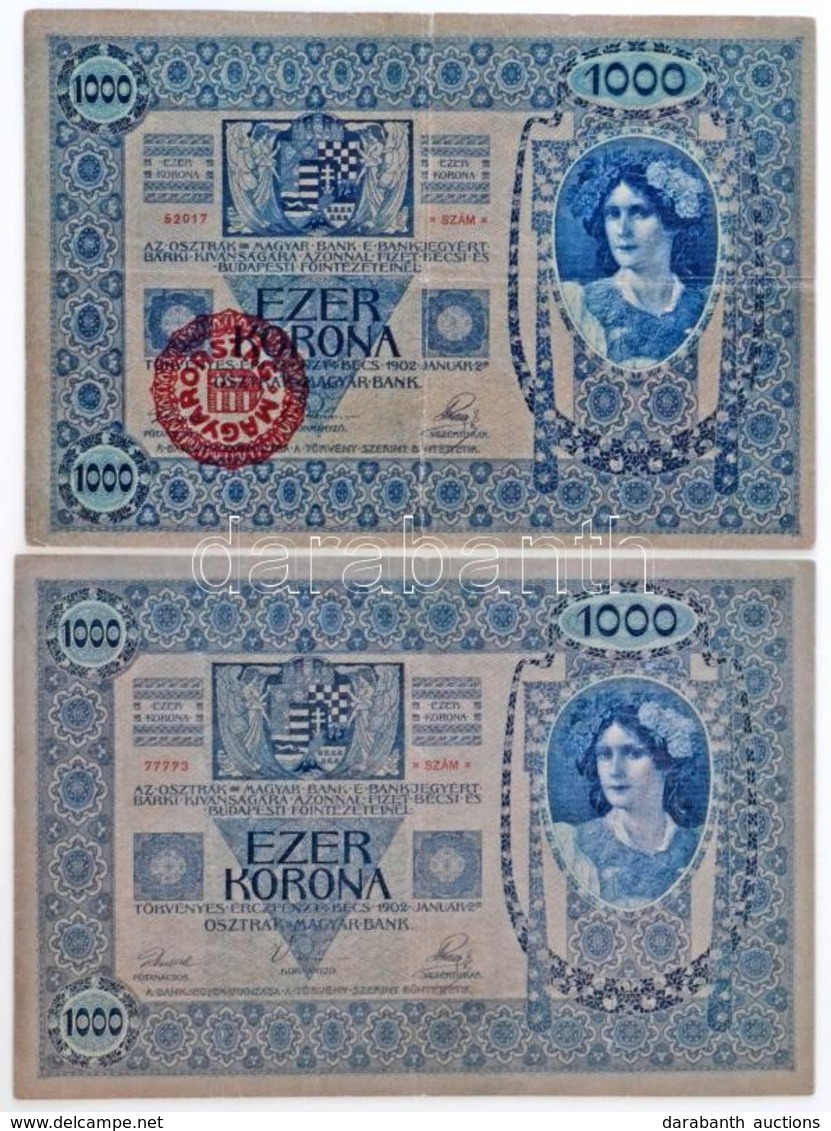 1902. 1000K (2x), Egyik Piros "MAGYARORSZÁG" Körbélyegzővel T:III- Szakadás, Másik Bélyegző Nélkül T:III - Non Classés