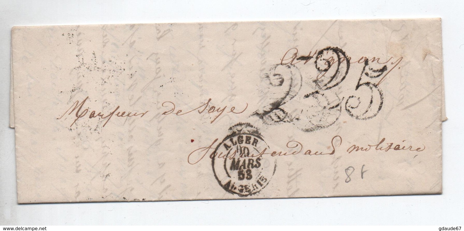 1853 - LETTRE D'ALGER Avec TAXE TAMPON DOUBLE TRAIT 25 - 1849-1876: Période Classique