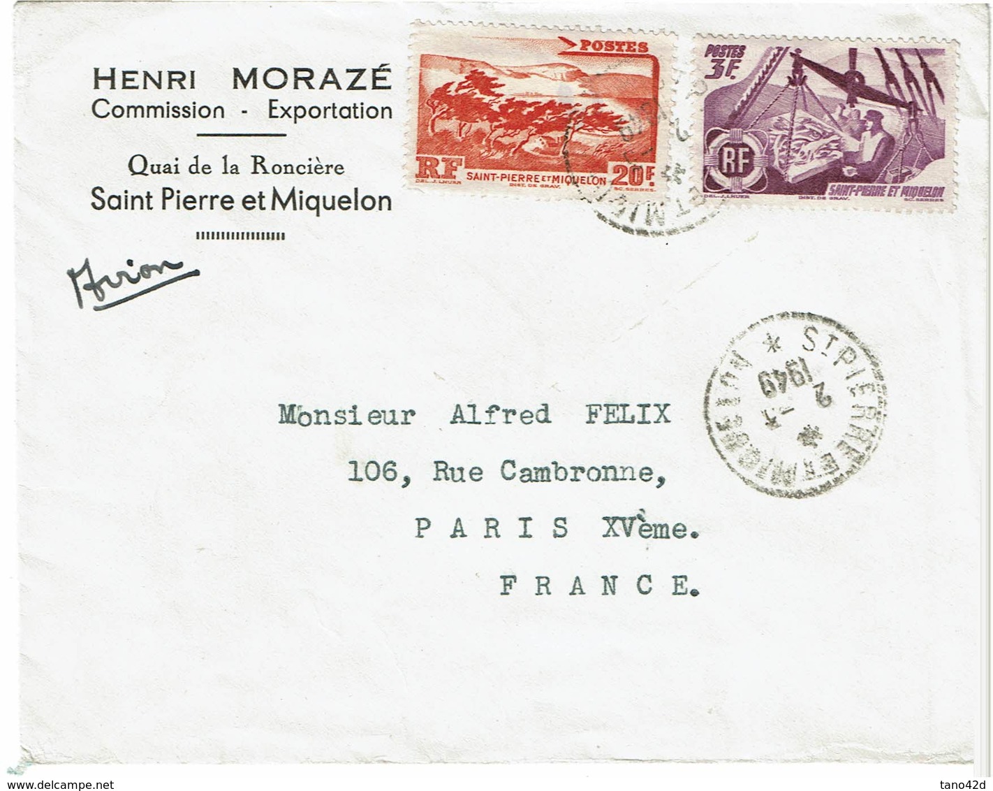 CTN60/2 - ST PIERRE ET MIQUELON LETTRE AVION 2/3/1949 - Cartas & Documentos