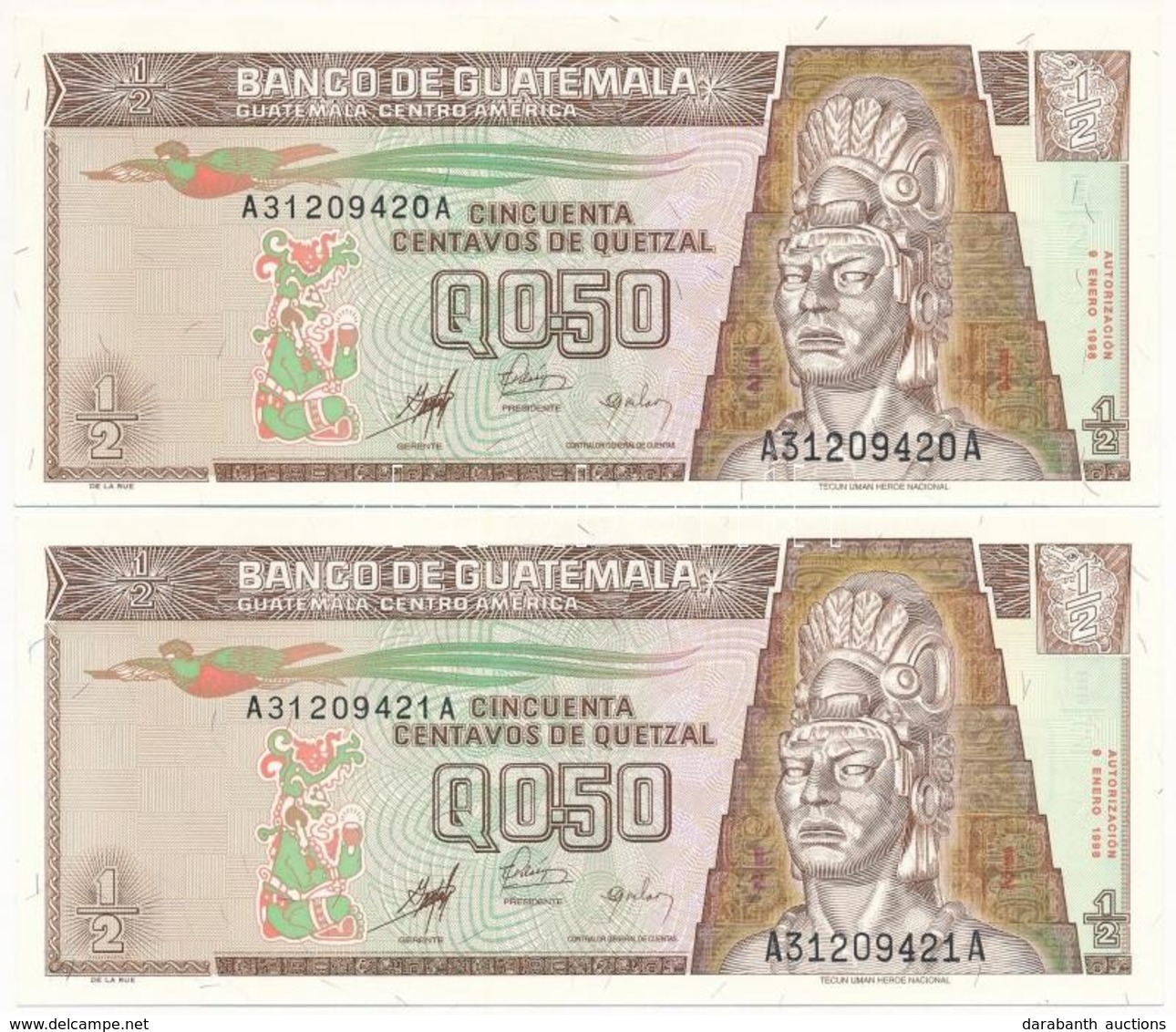 Guatemala 1998. 0,5 Q (2x) Sorszámkövetők T:I Guatemala 1998. 0,5 Quetzal (2x) Sequential Serials C:UNC Krause 98 - Non Classés