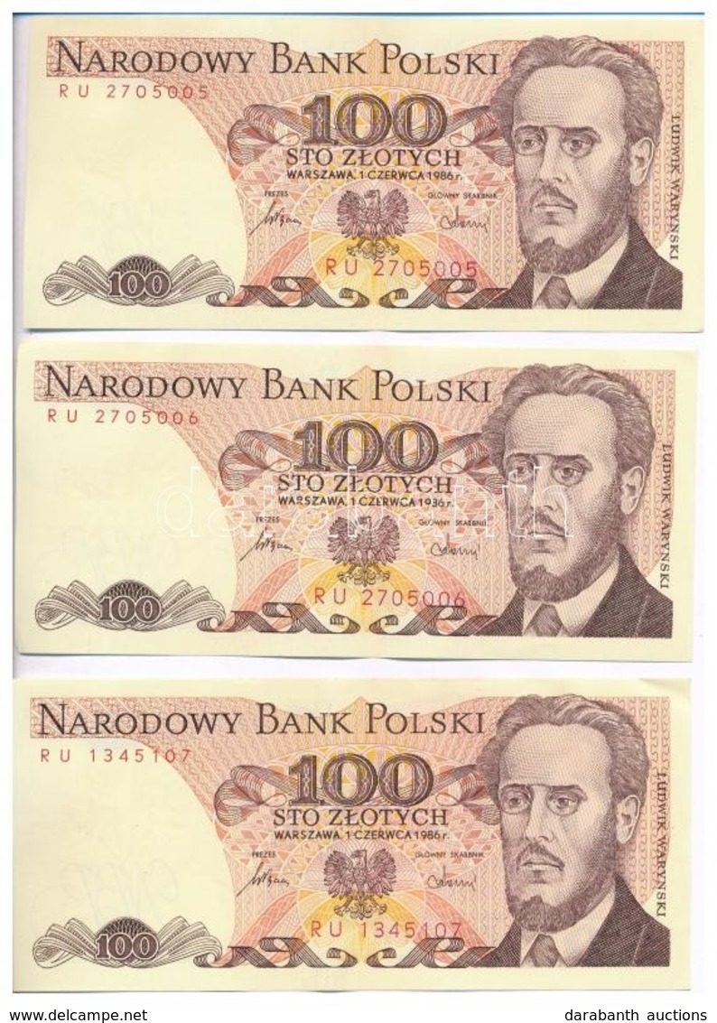 Lengyelország 1986. 100Zl (3x) Közte 2db Sorszámkövető T:II  Poland 1986. 100 Zlotych (3x) Two Banknotes With Sequential - Ohne Zuordnung