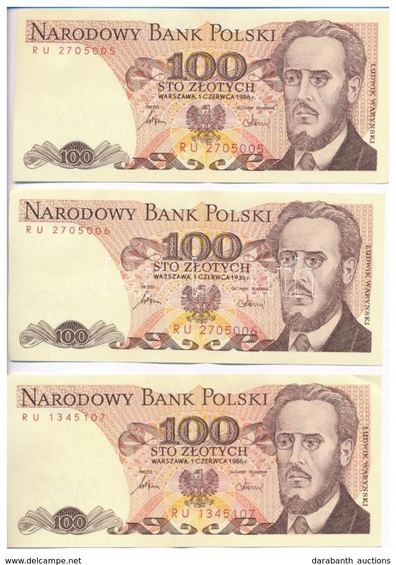 Lengyelország 1986. 100Zl (3x) Közte 2db Sorszámkövető T:II  Poland 1986. 100 Zlotych (3x) Two Banknotes With Sequential - Non Classés