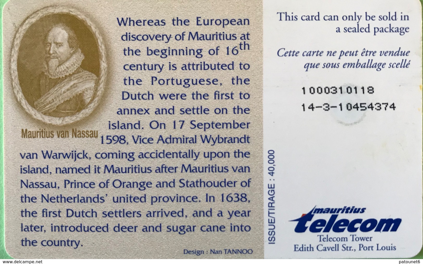 MAURICE  -  Phonecard  -  400 Th Anniversary ..  -  500 Units  -  R 400.00 - Mauritius